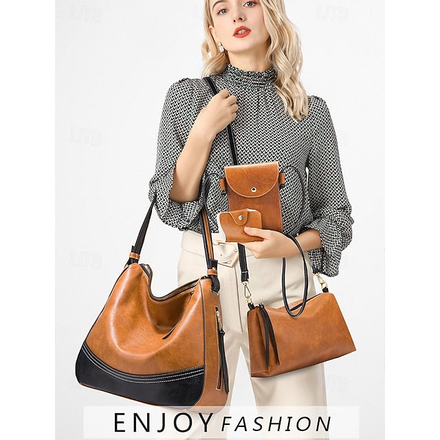 Faux Leather Shoulder 4-Piece Handbag Bag Women's – Set