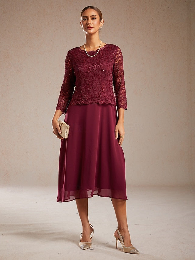 Women's Midi Dress Chiffon Dress Lace Dress Sequins Elegant