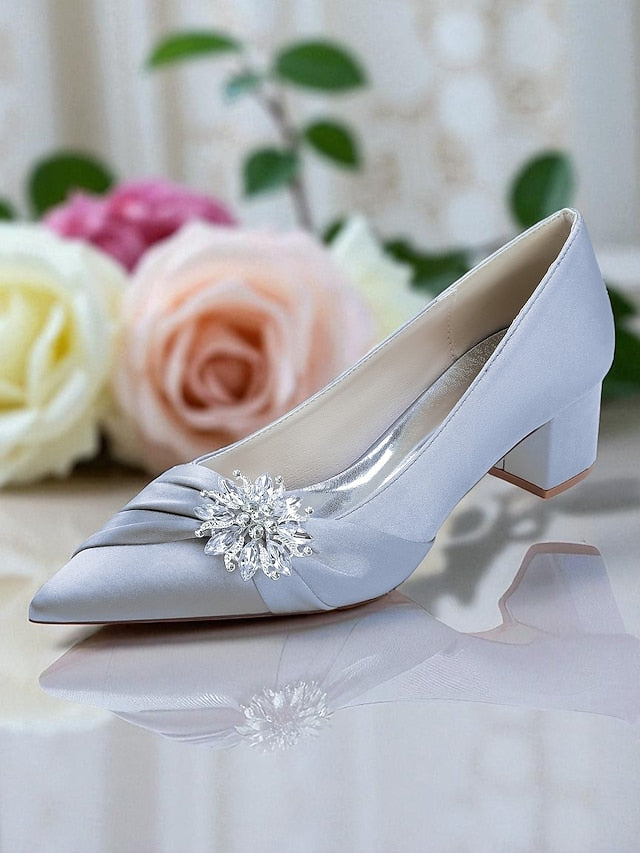 Women's Crystal with Pumps Block Heel Low White