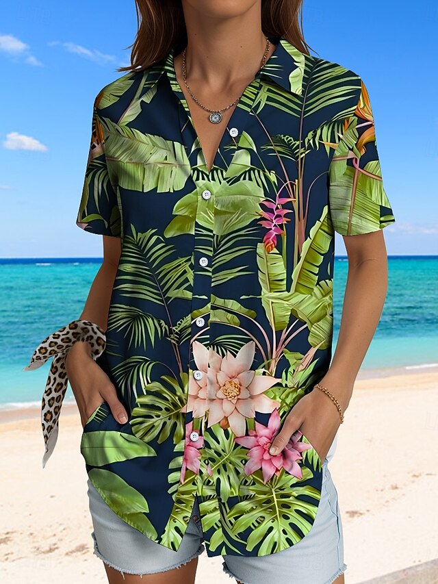 Women's Shirt Long Sleeve Button Down Blouse Graphic Leaf