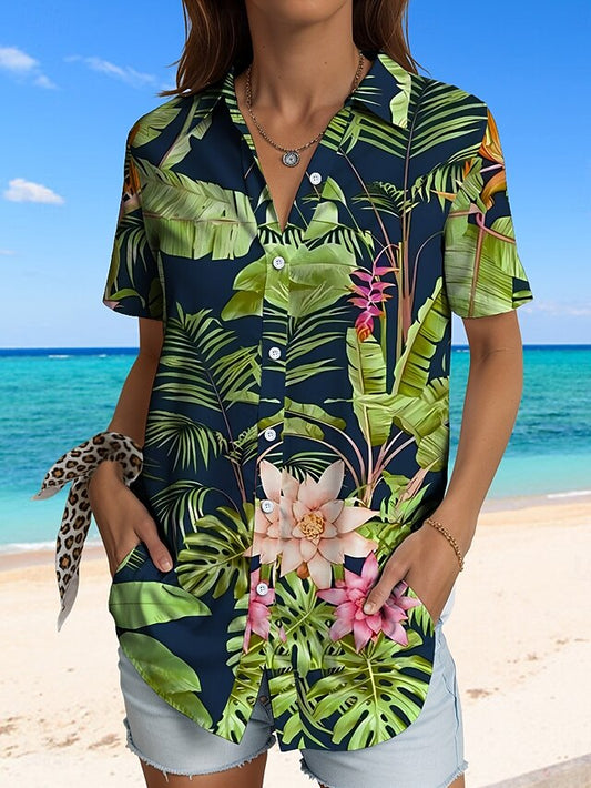 Women's Shirt Long Sleeve Button Down Blouse Graphic Leaf