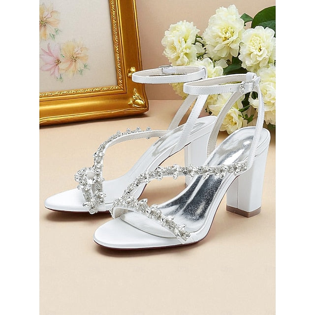 - Heel White Women's Block Rhinestone Straps with Sandals