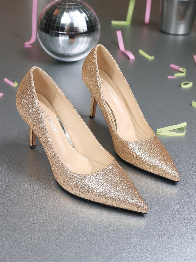 - Glitter Stiletto Pumps Gold Sparkly Women's Pointed-Toe