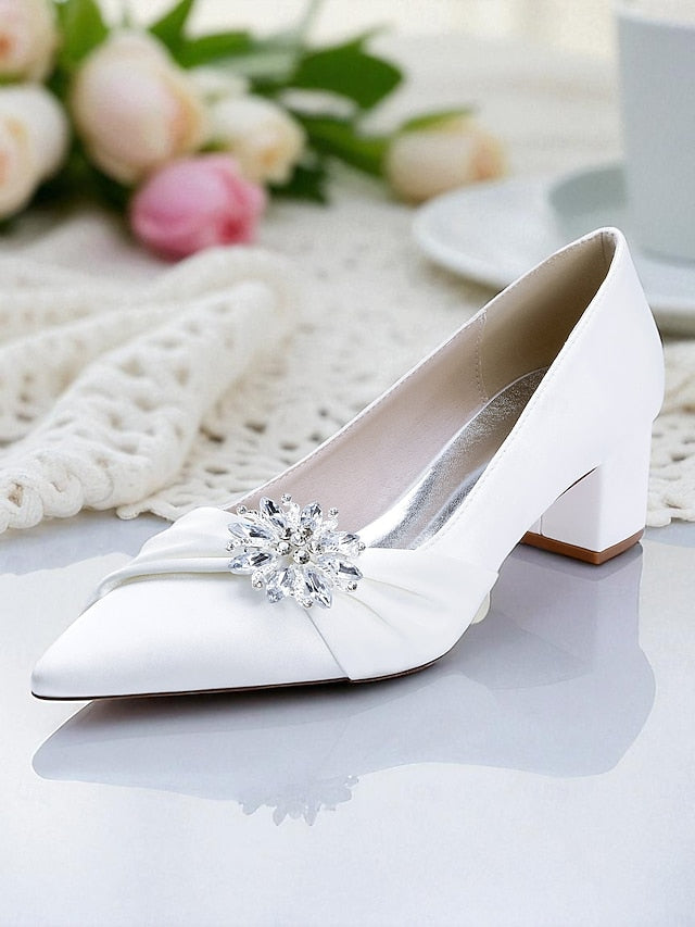 Women's Crystal with Pumps Block Heel Low White