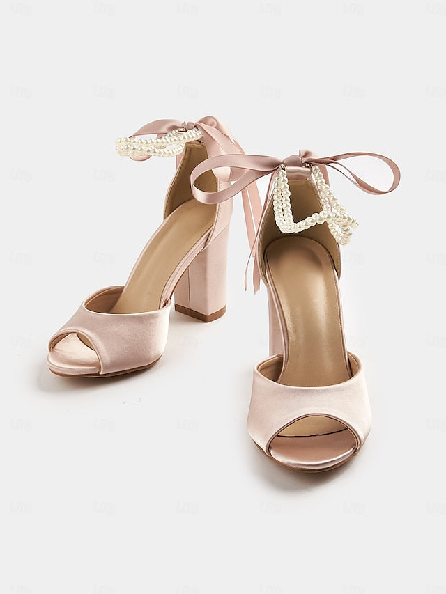 Heel Satin Block with Sandals Peep-Toe Pearl Women's Ankle