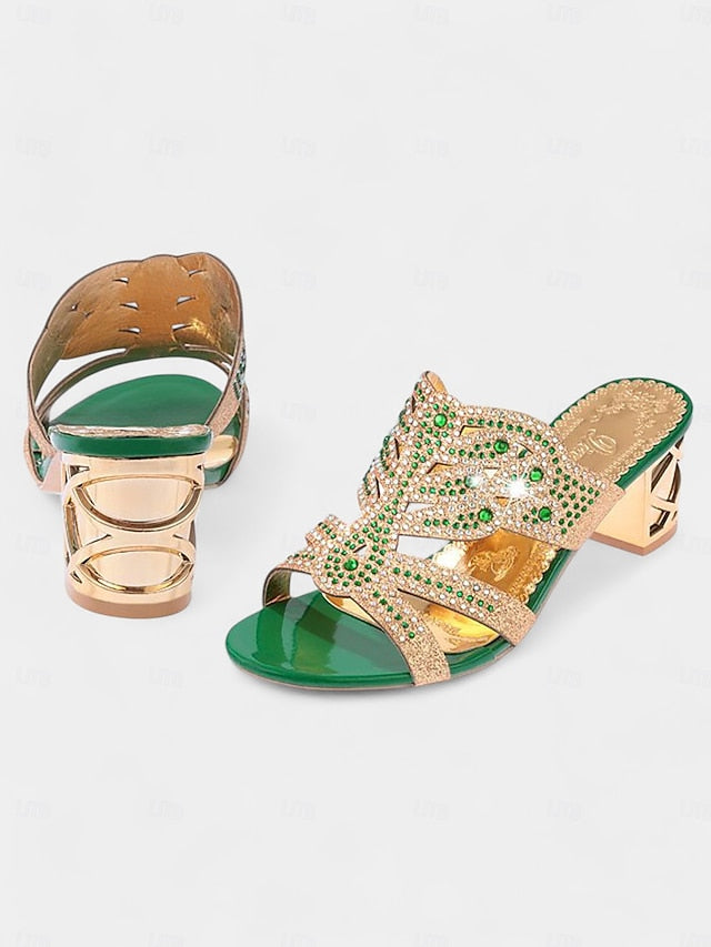 - Rhinestone and Heeled Embellished Sandals Gold Green