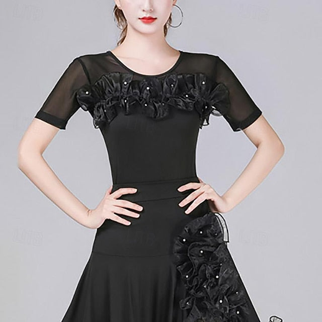 Latin Dance Ballroom Dance Top Pure Color Ruffle Splicing