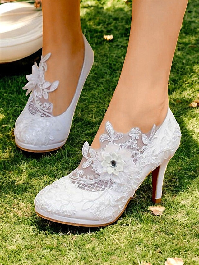 Heel Shoes High Floral – with Lace Embellishments White Bridal
