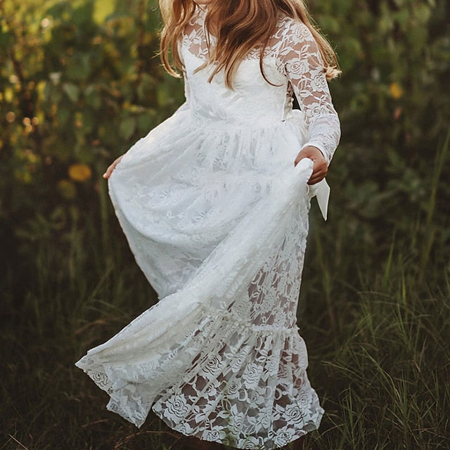 Flower Solid Girls' Long Kids Colored Girl Dress