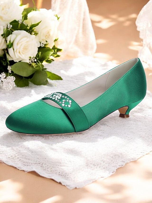 Kitten with Rhinestone Women's Blue Satin Heels