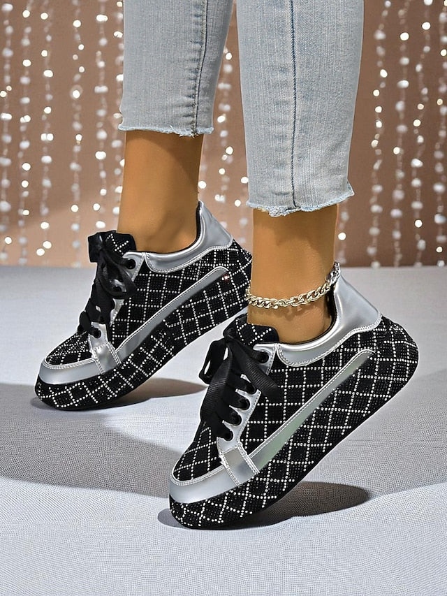 Quilted and Women's Rhinestone Silver Sneakers - Black