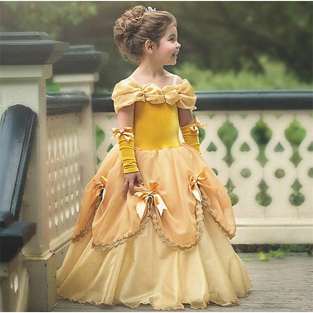 Dress with Flower Gloves Princess Girl's Off Belle