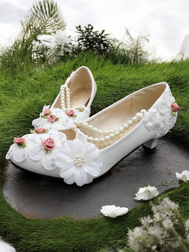 Embellished Pearl Low Heel White Shoes Floral Bridal for Strap