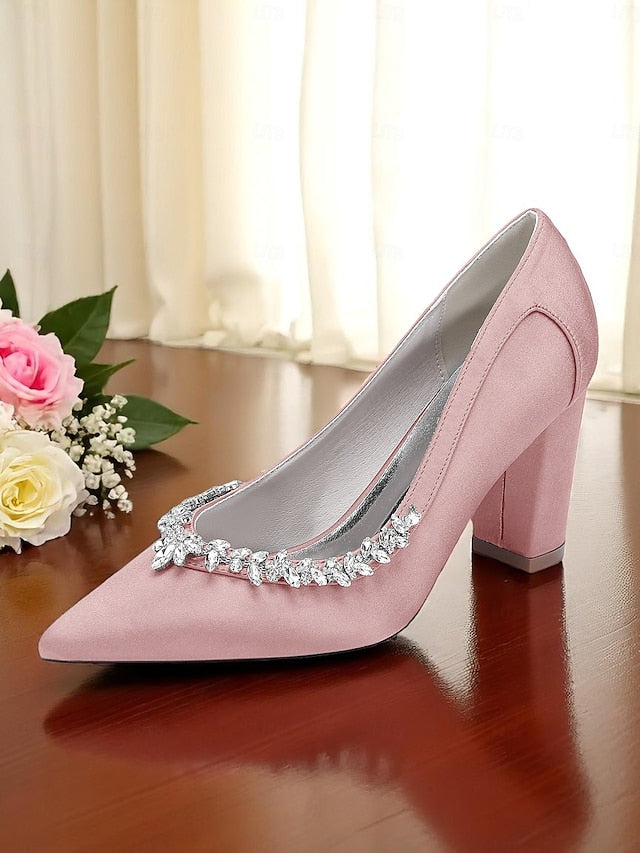 Satin Pumps Women's Pink Heel Wedding Block