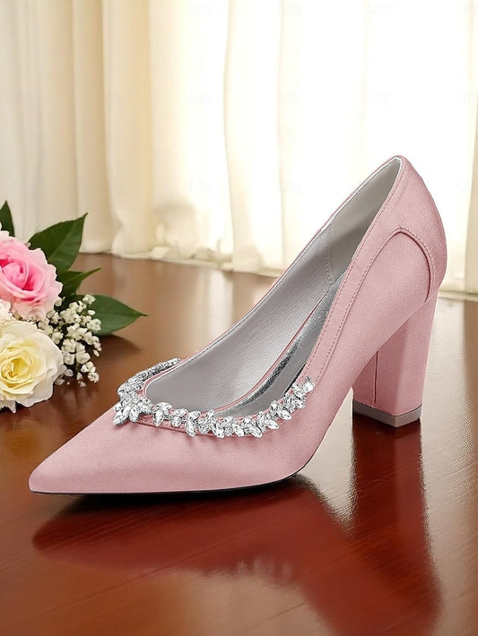 Satin Pumps Women's Pink Heel Wedding Block