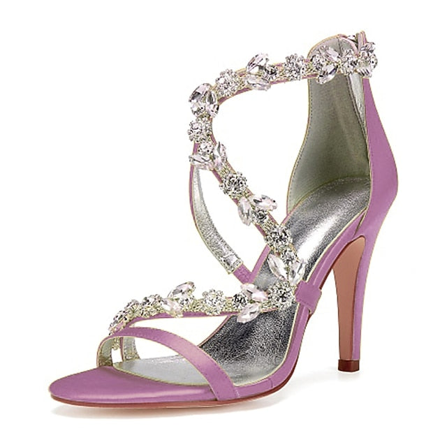 High Pink Satin Sandals Women's with Heel Rhinestone Floral