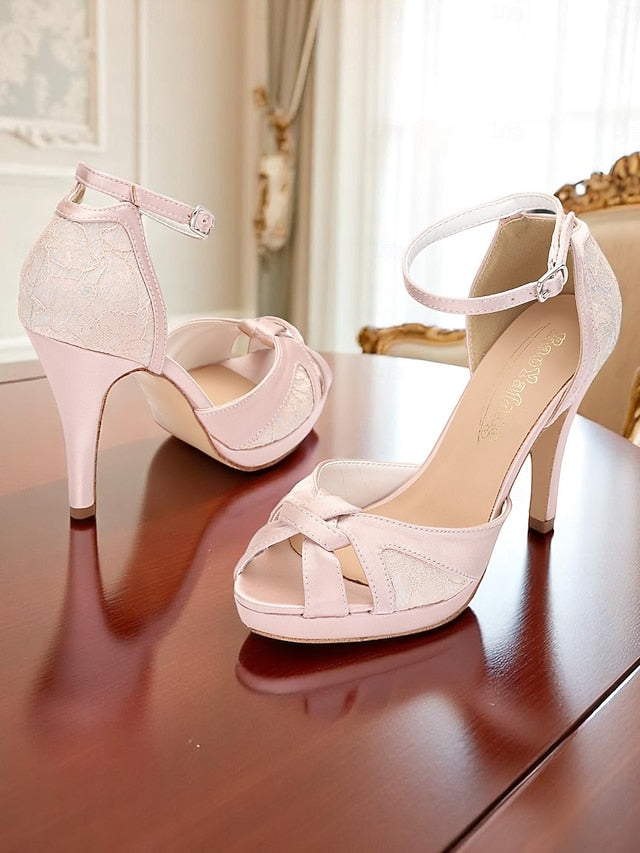 Heel High Pink Satin with Elegant Women's Sandals Peep Toe