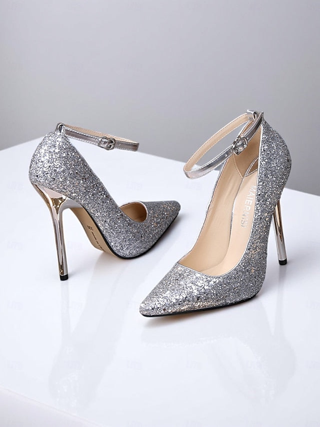 – Gold Pointed Women's Heels Sparkly Glitter Toe Stiletto