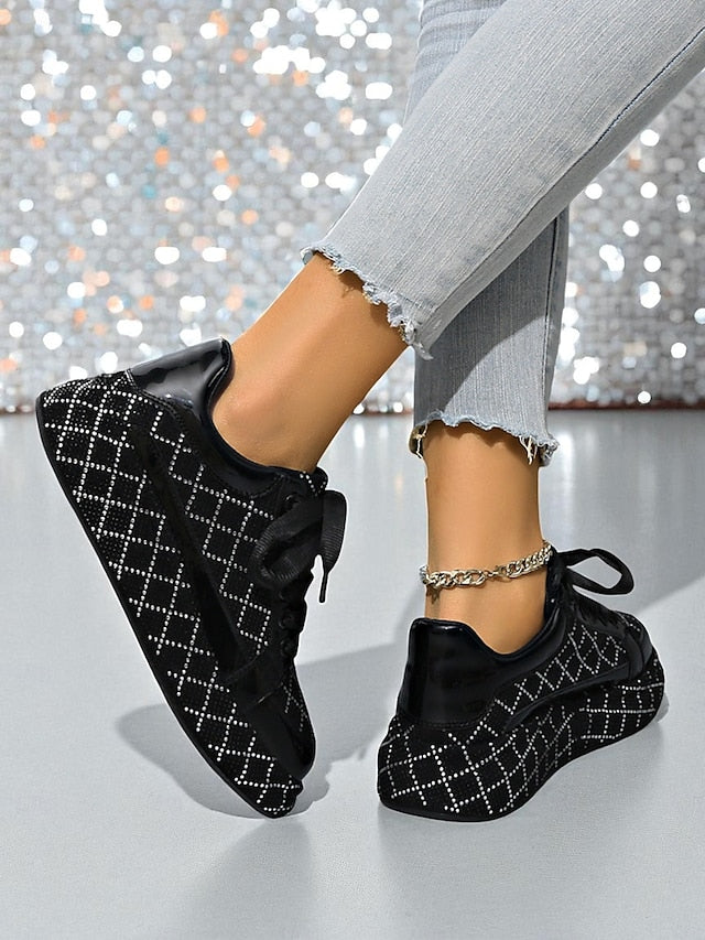 Quilted and Women's Rhinestone Silver Sneakers - Black