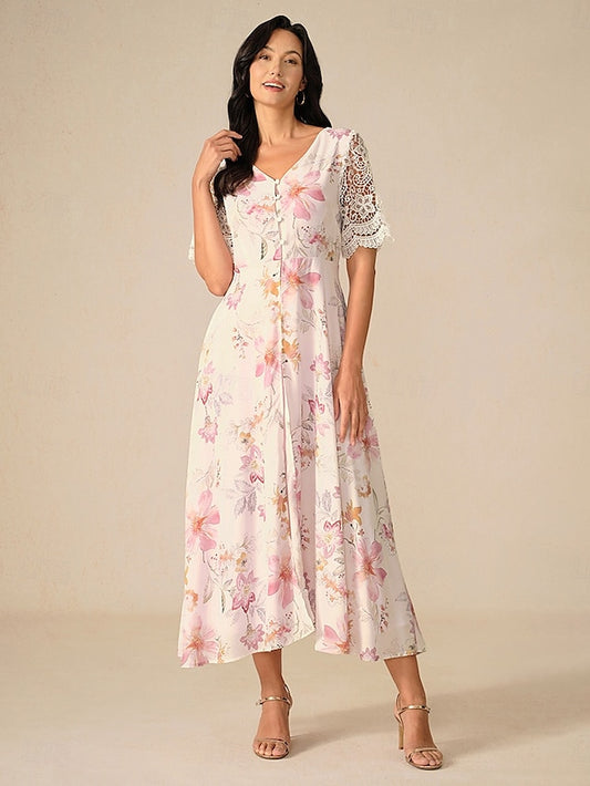 Women's Wedding Guest Cocktail Dress Floral Lace Button V