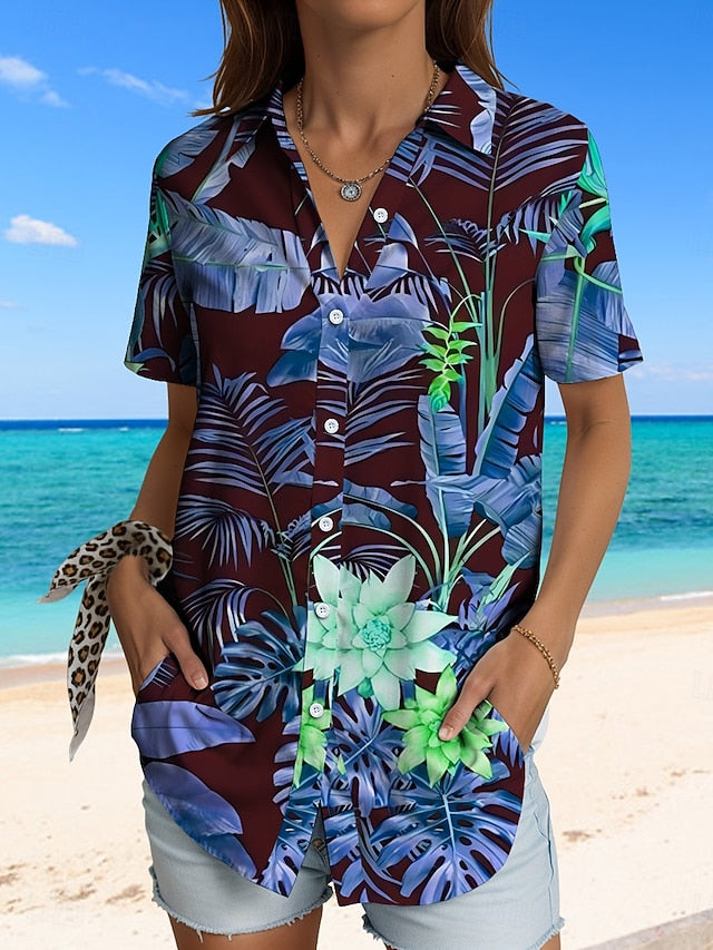 Women's Shirt Long Sleeve Button Down Blouse Graphic Leaf