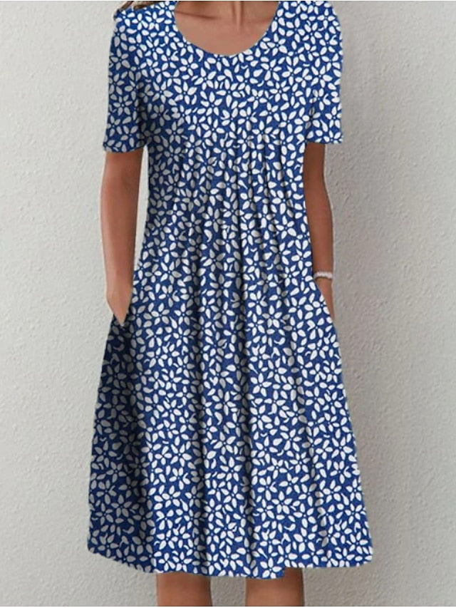 Women's Casual Dress Midi Dress Blue Short Sleeve Floral