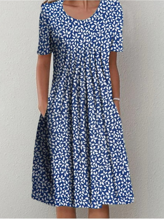 Women's Casual Dress Midi Dress Blue Short Sleeve Floral