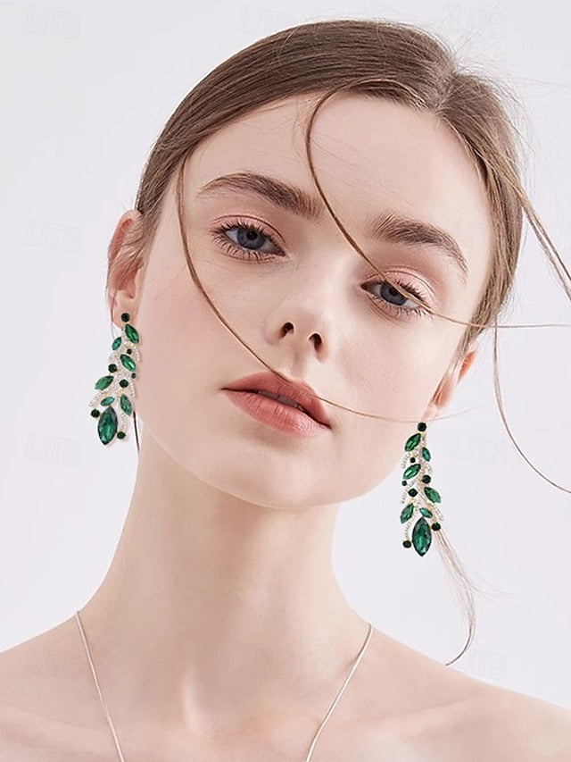 Gold Crystal Earrings Leaf Design Elegant - Women's