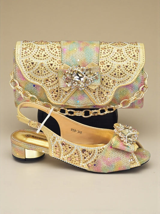 Rhinestone Gold Heels and Slingback Women's Clutch Matching