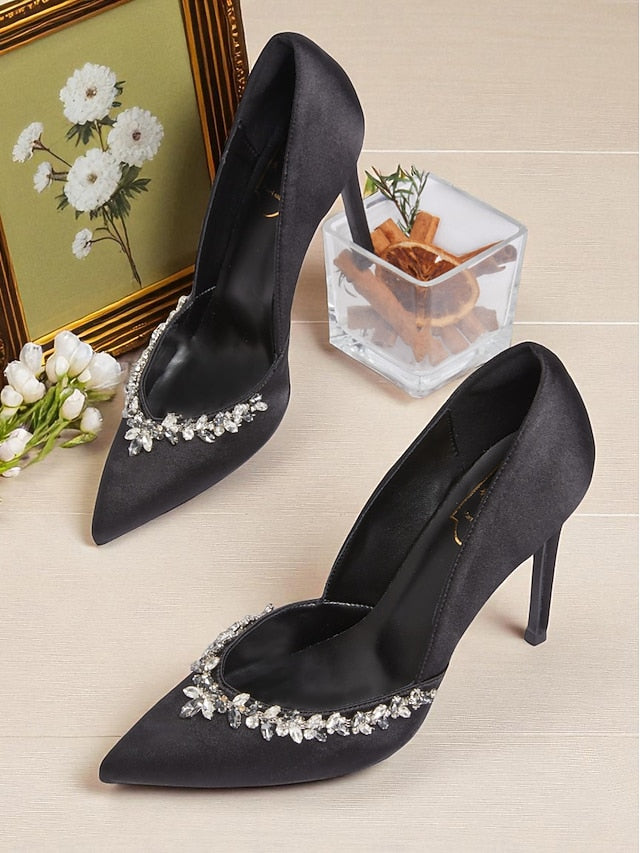 Pointed Embellishment Crystal Women's with Toe Heels Satin