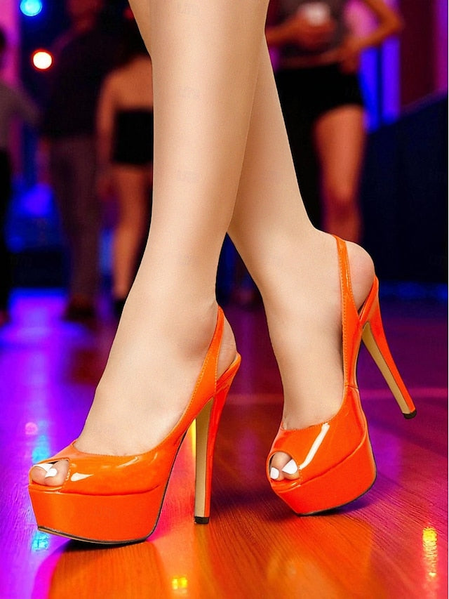 Heels Stiletto PU Leather Patent Women's Platform Orange