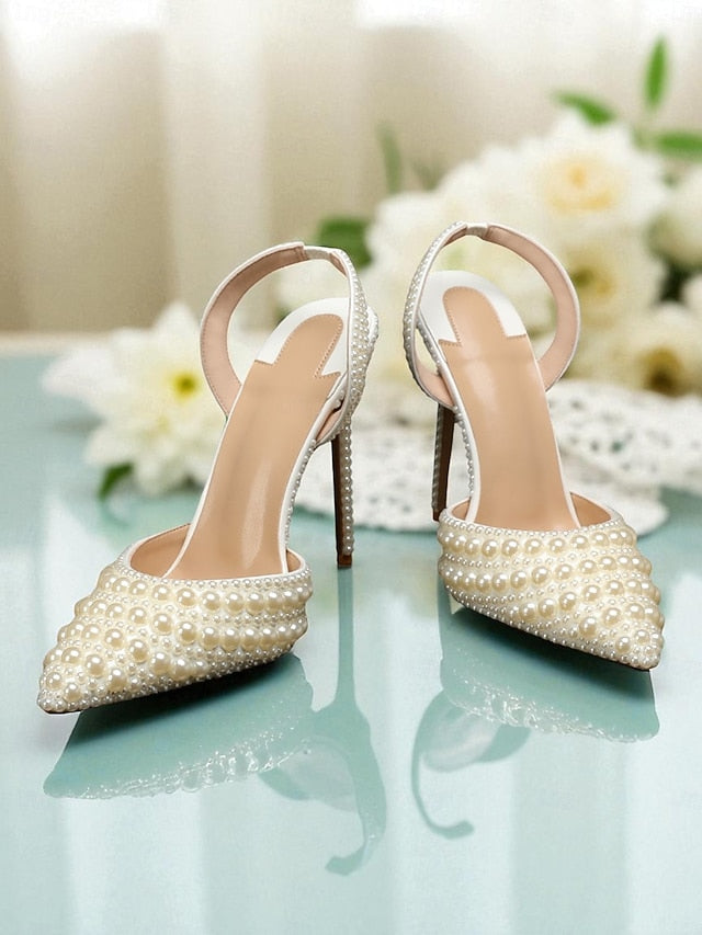Leather Pearl-Embellished Heels Women's White Slingback -