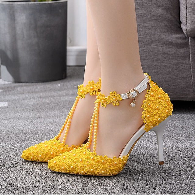 Wedding Heel Women's Pointed High Lace Bridal Shoes