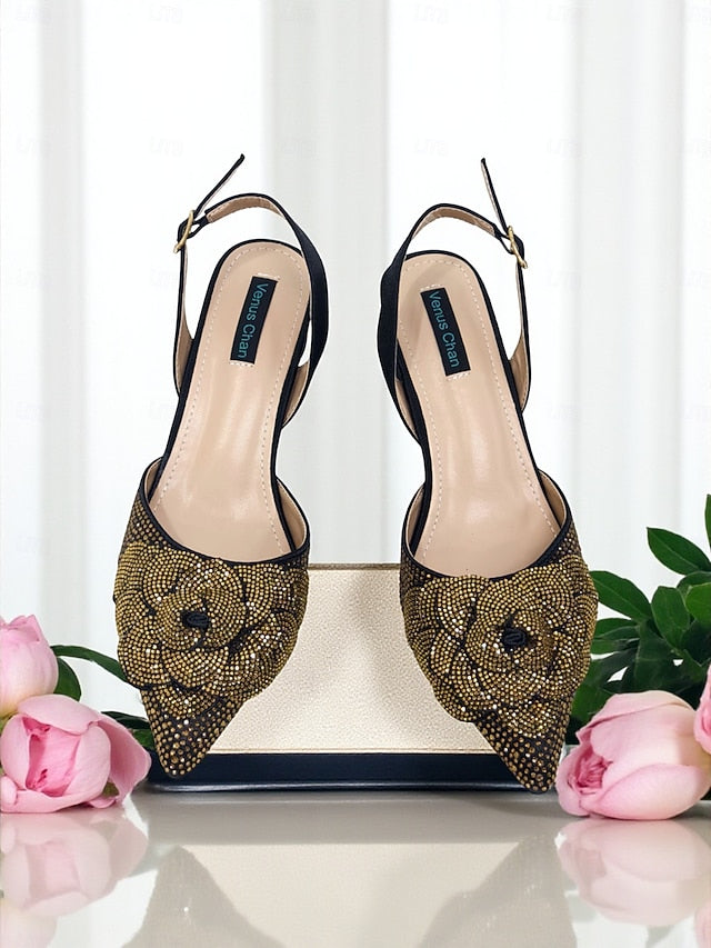 Women's Gold with Pumps Matching Rhinestone Slingback