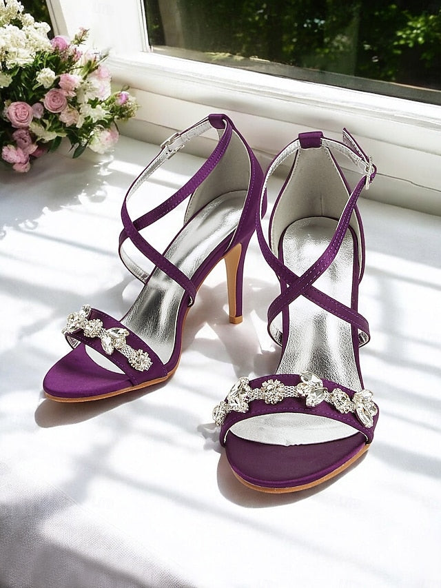 Straps Heels Women's with Purple Stiletto Satin Rhinestone
