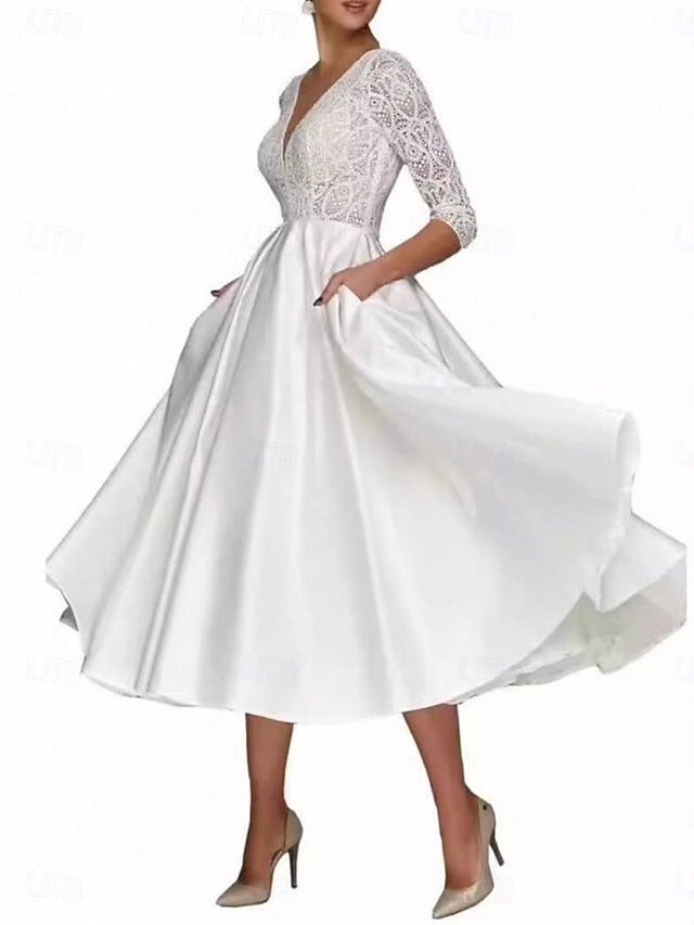 Elegant the Dress Mother A-Line Simple V Tea of Neck Bride