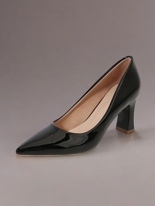 Faux Green Heel Leather Pointed-Toe Patent Block Glossy Pumps