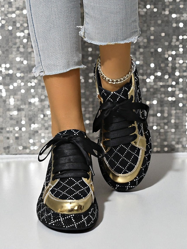 Quilted and Women's Rhinestone Silver Sneakers - Black