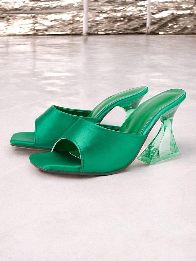 Heels Block Open-Toe for with Satin Green Mules Transparent