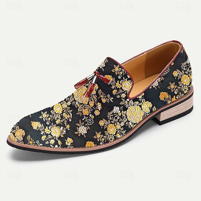 Men's for Loafers with Pattern Jacquard Floral Tassels