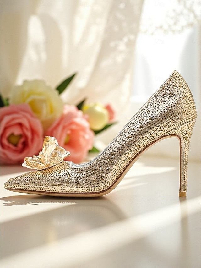 Women's - Gold Embellished Pumps High Crystal Sparkly Heel