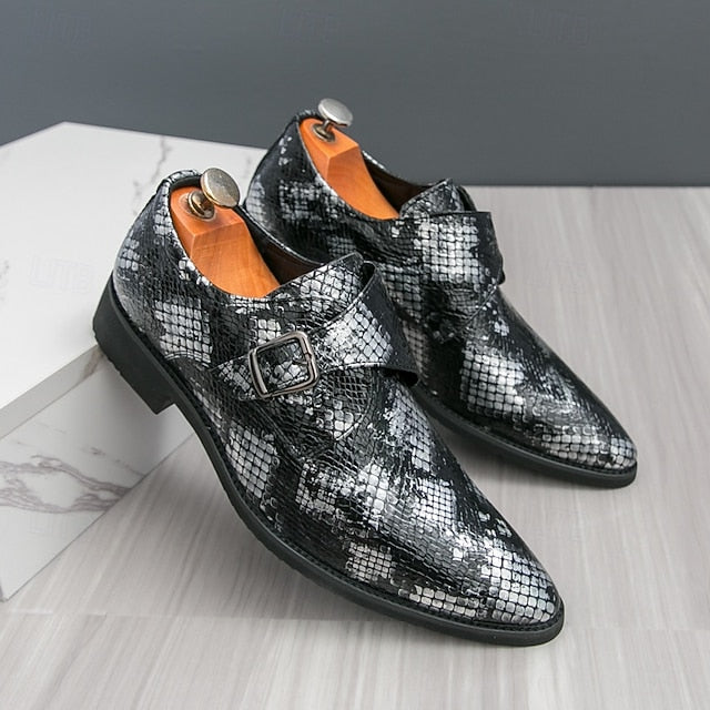 – Men Monk Classic Shoes Brown Strap Snake Print for Formal