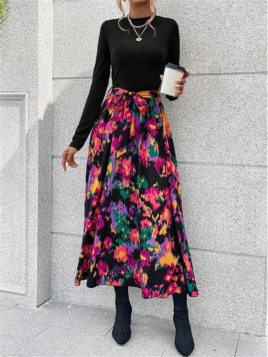 Women's Floral Stand Collar Maxi Dress Long Sleeve Spring