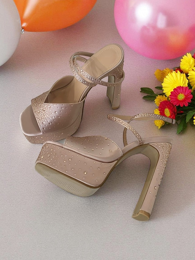 Peep High Heel Platform Women's Sandals with Rhinestone Toe