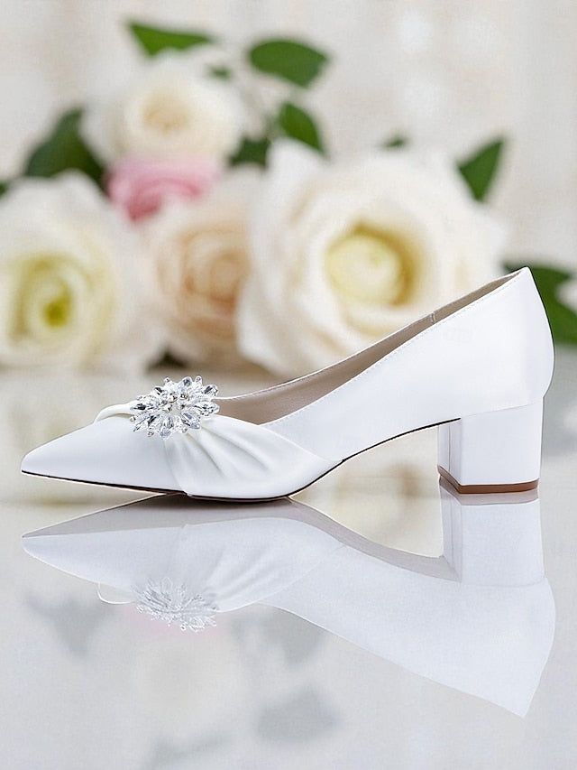 Women's Pumps with White Crystal Block Heel Low