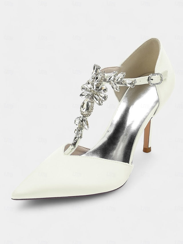 – Heels Satin Women's T-Strap Navy Blue Pointed Toe