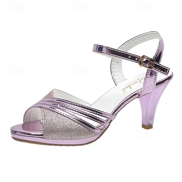 Mid Silver with Heel Women's Straps Glitter - Sandals