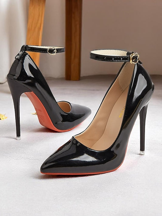 Stiletto Leather Black Women's Ankle with Patent Heels