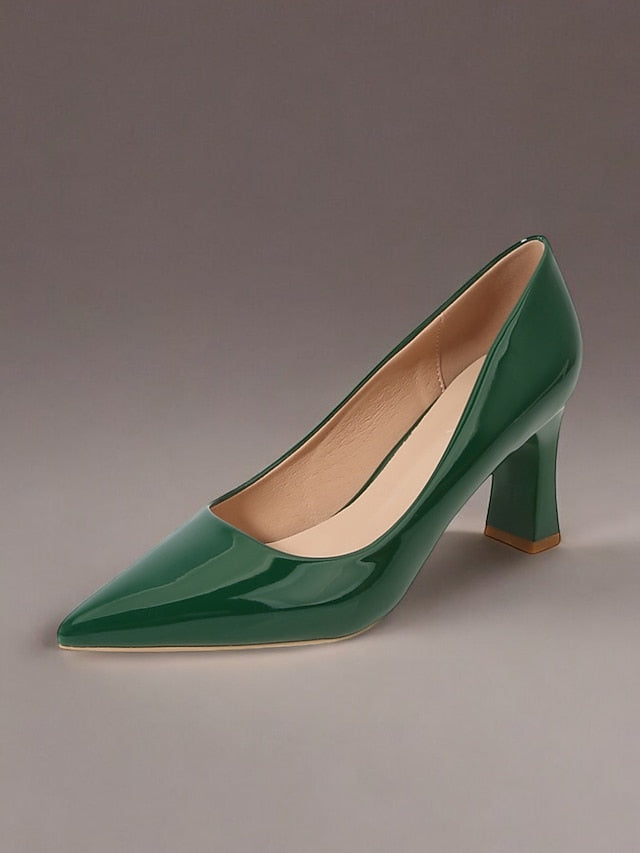 Faux Green Heel Leather Pointed-Toe Patent Block Glossy Pumps