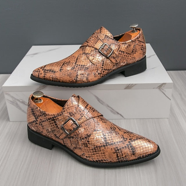 – Men Monk Classic Shoes Brown Strap Snake Print for Formal